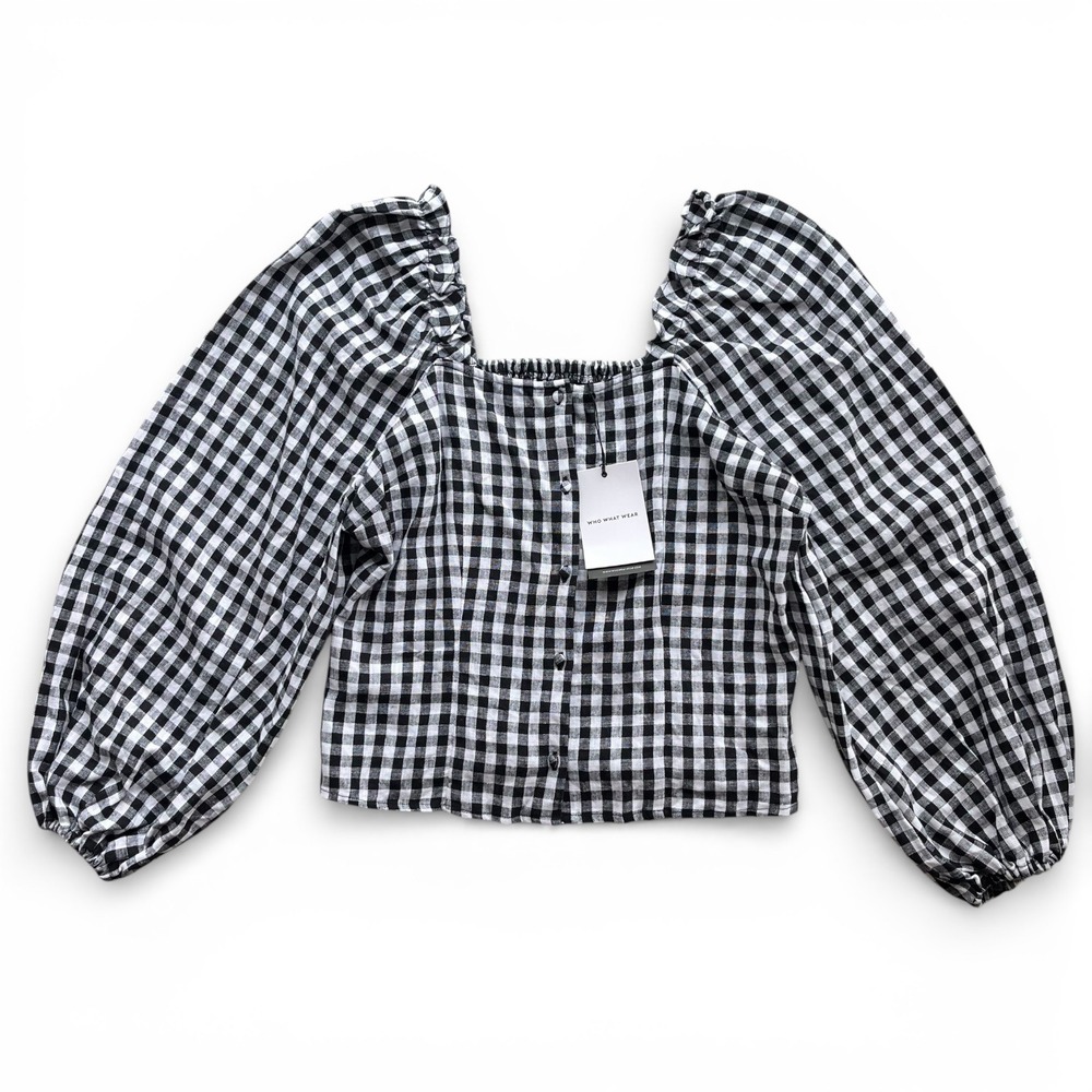 Who What Wear Women's L Black White Happy Gingham Puff Sleeve Linen Blend Blouse